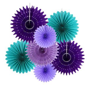 7pcs teal purple lavender hanging paper fans mermaid birthday under the sea party little girl baby shower decorations (purple teal)