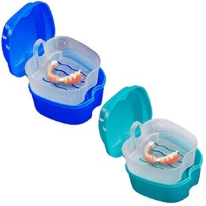 kiseer 2 pack colors denture bath case cup box holder storage soak container with strainer basket for travel cleaning (light blue and blue)