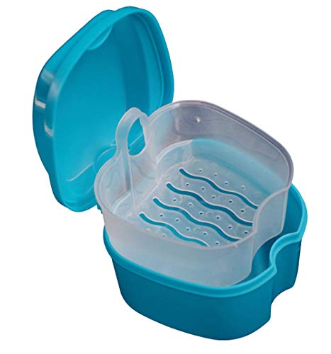 KISEER 2 Pack Colors Denture Bath Case Cup Box Holder Storage Soak Container with Strainer Basket for Travel Cleaning (Light Blue and Blue)