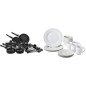amazon basics non-stick cookware set, pots, pans and utensils - 15-piece set & 16-piece kitchen dinnerware set, plates, bowls, mugs, service for 4, white