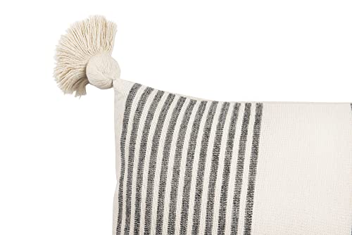 Creative Co-Op Cotton & Chenille Vertical Grey Stripes, Tassels & Solid Cream Back Pillows, 1 Count (Pack of 1)