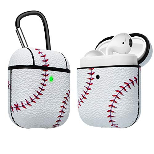 AirPods Case, Takfox Airpod Case Accessories Cover Protective Shockproof Scratch Resistance Leather Headphone Case with Carabiner/Keychain Skin for Apple Airpods 2 & AirPods 1 Charging Case-Baseball