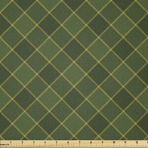 lunarable green fabric by the yard, traditional old fashioned argyle pattern retro style plaid, stretch knit fabric for clothing sewing and arts crafts, 1 yard, forest green