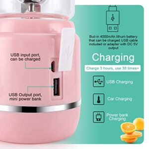 iOCSmart Portable Personal Size Blender, USB Rechargeable Mini Juicer Blender for Smoothies and Shakes with 2 Juice Cup Portable on the go Travel Sports Kitchen (Pink)