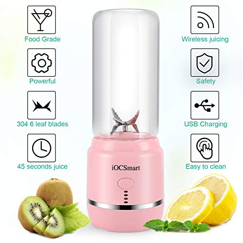 iOCSmart Portable Personal Size Blender, USB Rechargeable Mini Juicer Blender for Smoothies and Shakes with 2 Juice Cup Portable on the go Travel Sports Kitchen (Pink)