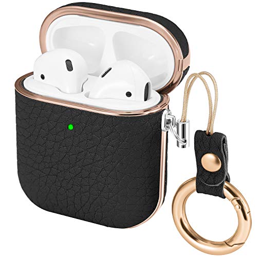 iHillon Compatible with Airpods 2 Case Cover, Genuine Leather TPU Full Protective Case with Keychain Compatible with Airpods 2 & 1 Support Wireless/Wired Charging (Front LED Visible) Black