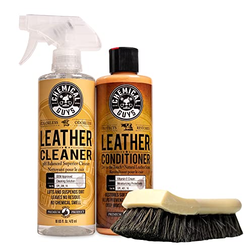 Chemical Guys SPI_109_16B Leather Cleaner and Conditioner Complete Leather Care Kit (2 - 16 fl oz Bottles) + ACC_S95 Long Bristle Horse Hair Leather Cleaning Brush, 1 Pack