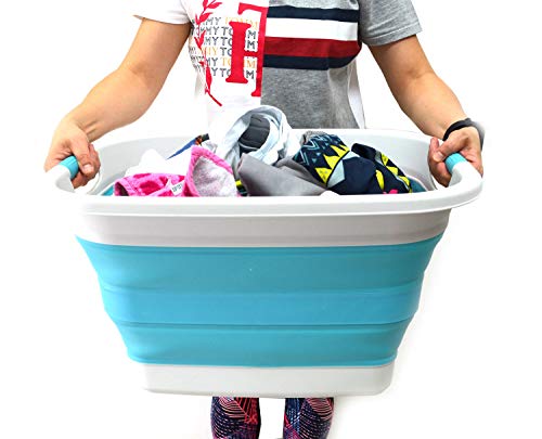 SAMMART 37L (9.77 Gallon) Collapsible Plastic Laundry Basket - Foldable Pop-Up Storage Container/Organizer - Portable Washing Tub - Space Saving Hamper/Basket (1, Grey/Bright Blue)