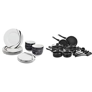 amazon basics 18-piece kitchen dinnerware set, plates, dishes, bowls, service for 6, swirl & non-stick cookware set, pots, pans and utensils - 15-piece set