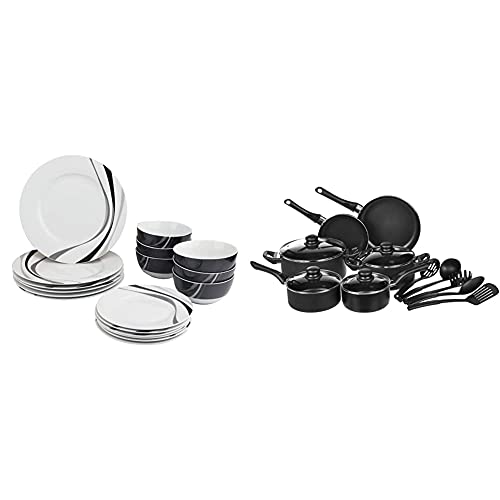 Amazon Basics 18-Piece Kitchen Dinnerware Set, Plates, Dishes, Bowls, Service for 6, Swirl & Non-Stick Cookware Set, Pots, Pans and Utensils - 15-Piece Set