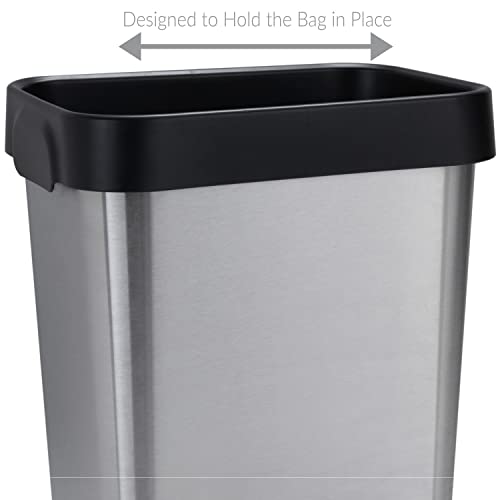 Bath Bliss 8 Liter Stainless Steel Waste Bin | Detachable Rim Hold Bag in Place | Bathroom Garbage | Office Trash Can | Rectangular Wastebasket