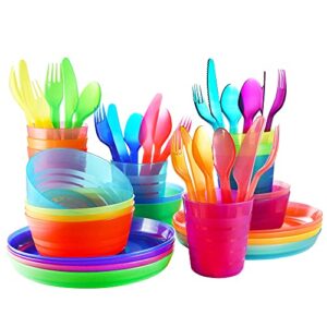 plastic dinnerware set - 8 piece cookware set include kids cups, plates, bowls, flatware set - dish set with rainbow colours - dishwasher and microwave safe bpa free for kids and toddler