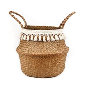 bluemake boho woven seagrass belly basket for storage plant basket or toy basket living bathroom (large, beige)