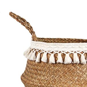 BlueMake Boho Woven Seagrass Belly Basket for Storage Plant Basket or Toy Basket Living Bathroom (Large, Beige)