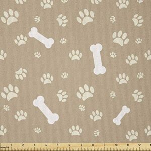 lunarable dog bone fabric by the yard, outdoors pet footprint themed continuous silhouette pattern digital image, stretch knit fabric for clothing sewing and arts crafts, 1 yard, tan beige and white