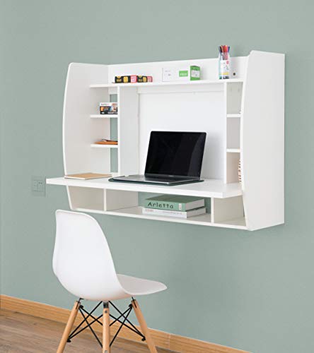 Basicwise Wall Mount Laptop Office Desk with Shelves, White,