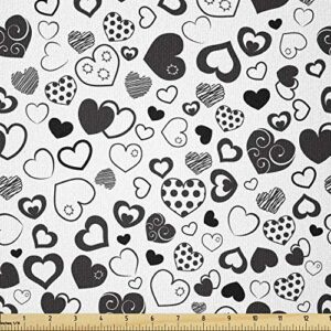 lunarable hearts fabric by the yard, monochrome love theme with various art styles swirls polka dots lines scars, stretch knit fabric for clothing sewing and arts crafts, 1 yard, black and white