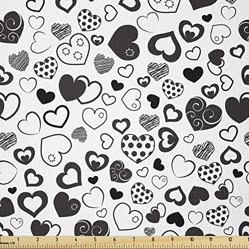 Lunarable Hearts Fabric by The Yard, Monochrome Love Theme with Various Art Styles Swirls Polka Dots Lines Scars, Stretch Knit Fabric for Clothing Sewing and Arts Crafts, 1 Yard, Black and White