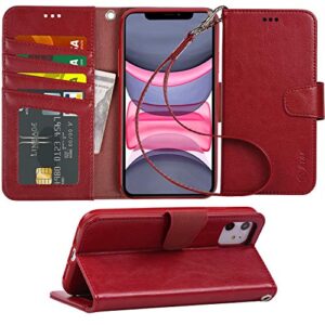 arae case for iphone 11 pu leather wallet case cover [stand feature] with wrist strap and [4-slots] id&credit cards pocket (wine red)