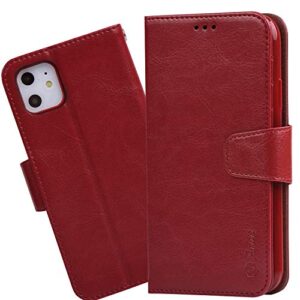 Arae Case for iPhone 11 PU Leather Wallet Case Cover [Stand Feature] with Wrist Strap and [4-Slots] ID&Credit Cards Pocket (Wine Red)