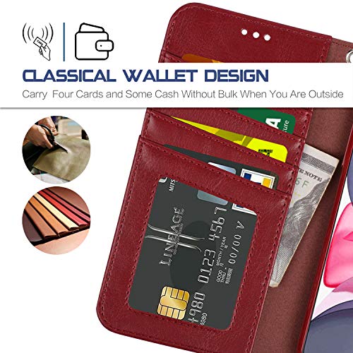 Arae Case for iPhone 11 PU Leather Wallet Case Cover [Stand Feature] with Wrist Strap and [4-Slots] ID&Credit Cards Pocket (Wine Red)