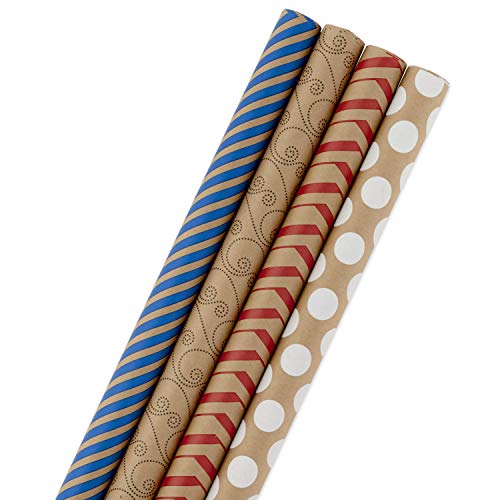 Hallmark Wrapping Paper Bundle - Kraft Brown with Red, Blue, White, Black Designs (Pack of 4, 88 sq. ft. ttl.) for Christmas, Birthdays, Father's Day, Kids Crafts, Care Packages, Handmade Banners