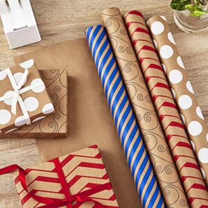 Hallmark Wrapping Paper Bundle - Kraft Brown with Red, Blue, White, Black Designs (Pack of 4, 88 sq. ft. ttl.) for Christmas, Birthdays, Father's Day, Kids Crafts, Care Packages, Handmade Banners