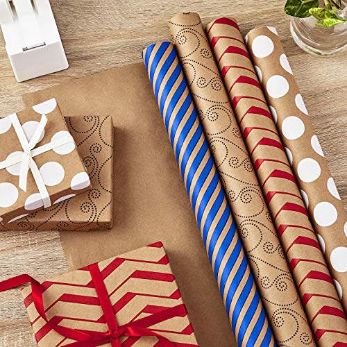 Hallmark Wrapping Paper Bundle - Kraft Brown with Red, Blue, White, Black Designs (Pack of 4, 88 sq. ft. ttl.) for Christmas, Birthdays, Father's Day, Kids Crafts, Care Packages, Handmade Banners