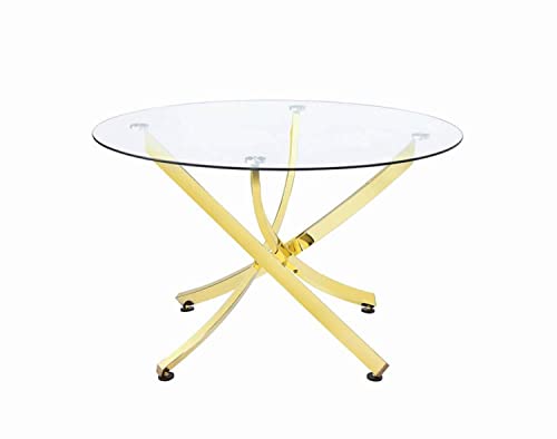 Coaster Furniture Beckham Modern Contemporary Round Dining Table Tempered Glass Top Asterisk Metal Base Polished Brass 108441