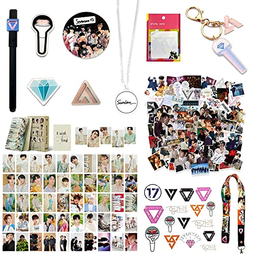 Fatyi Seventeen Gift Set for Lomo Card, Kpop Merch Sticker, 3D Sticker, Mirror, Sticky Note, Keychain, Badge, Pen, Banner and Phone Stand