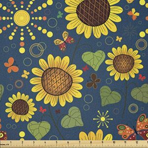 lunarable paint fabric by the yard, sunflower pattern with colorful butterflies sun and circles abstract farming image, stretch knit fabric for clothing sewing and arts crafts, 1 yard, dark blue