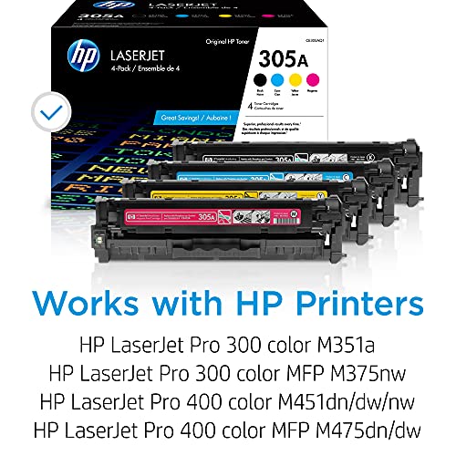 HP 305A Black, Cyan, Magenta, Yellow Toner Cartridges (4-pack) | Works with LaserJet Pro 300 M351, LaserJet Pro 300 MFP M375, LaserJet Pro 400 M451, LaserJet Pro 400 MFP M475 | CE305AQ1