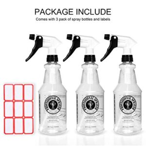 Plastic Spray Bottle (24oz 3 Pack) for Cleaning Solutions, Car Detailing Care, Planting, Pet, Clear Finish, Heavy Duty Empty Spraying Bottles Mist Water Sprayer with Measurements & Adjustable Nozzle