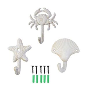 zilucky set of 3 starfish seashell crab cast iron decorative wall hooks coats aprons hats towels hooks beach ocean theme chic metal hooks (white)
