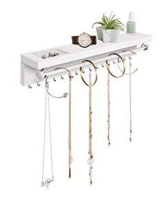 rustic white necklace jewelry organizer - wall mount jewelry holder - mounted hanging jewelry storage hooks for necklace, earrings, and rings - farmhouse wood decor bedroom boho shelf rack