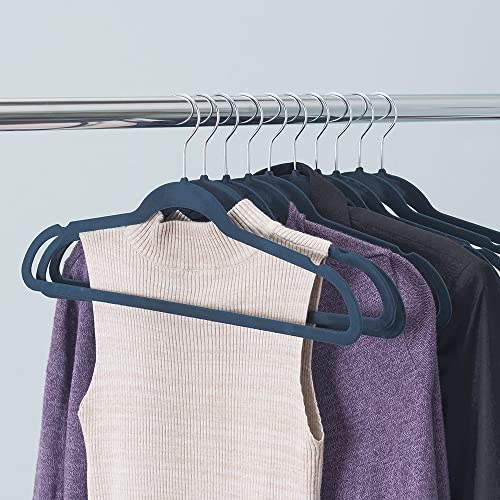 Velvet Clothes Hangers (Pack of 10), Navy, by Home Basics | Felt Hangers for Tops, Jackets, Dresses, and Pants | Contoured Hangers with Indents | Ultra-Thin Space Saving Clothes Hangers