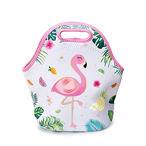 WERNNSAI Flamingo Lunch Bag - Neoprene Insulated Cooler Lunch Handbag Pouch Tropical Pineapple Pattern Outdoor Tote Bag for Kids Picnic School Work Shopping, Waterproof and Reusable