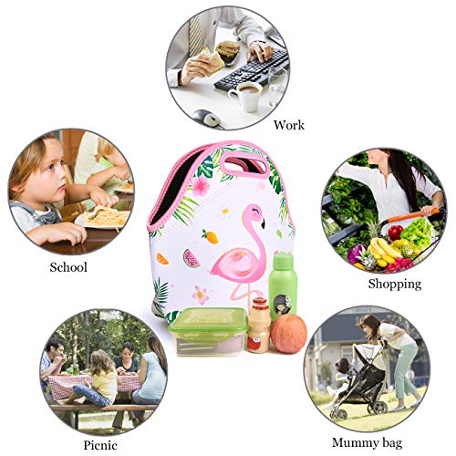 WERNNSAI Flamingo Lunch Bag - Neoprene Insulated Cooler Lunch Handbag Pouch Tropical Pineapple Pattern Outdoor Tote Bag for Kids Picnic School Work Shopping, Waterproof and Reusable