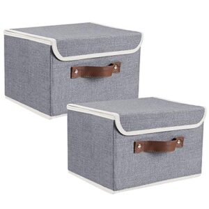 lucky monet 2 pack linen fabric foldable storage bin set collapsible storage box cube closet organizer with lid & faux leather handle, 10”x8”x7” (grey)