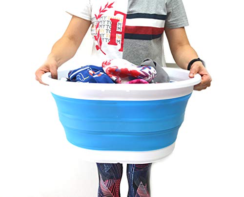 SAMMART 22L (5.8 Gallon) Collapsible Plastic Laundry Basket - Oval Tub/Basket - Foldable Storage Container/Organizer - Portable Washing Tub - Space Saving Laundry Hamper (1, Sky Blue)