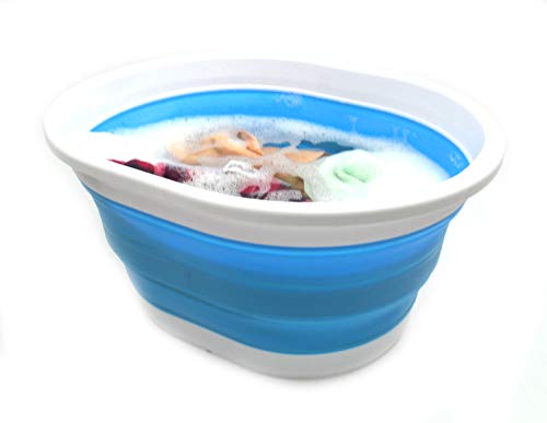 SAMMART 22L (5.8 Gallon) Collapsible Plastic Laundry Basket - Oval Tub/Basket - Foldable Storage Container/Organizer - Portable Washing Tub - Space Saving Laundry Hamper (1, Sky Blue)