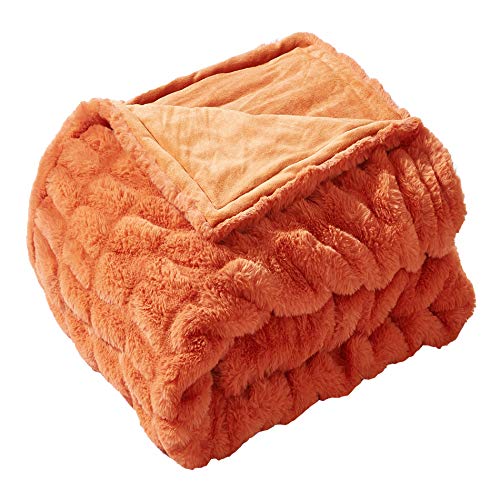 Home Soft Things 3 Piece Shar Pei Faux Fur Throw and Pillow Cover Set Soft Comfy Cozy Plush Throw with 2 Accent Square Pillowcases, Burnt Orange, 50'' x 60''