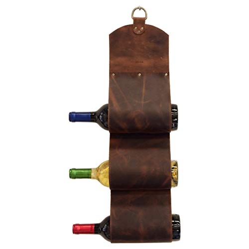 Hide & Drink, Leather 3-Bottle Wine Rack, Wall Mounted, Modern Storage, Home & Kitchen Accessories, Handmade Includes 101 Year Warranty :: Bourbon Brown