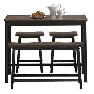 costway 4-piece solid wood dining table set, counter height dining furniture with one bench and two saddle stools, industrial style, ideal for home, kitchen, living room (gray & brown)