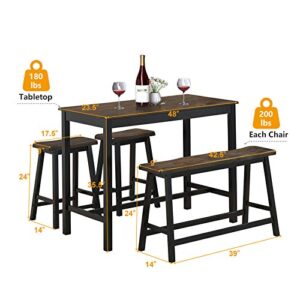 COSTWAY 4-Piece Solid Wood Dining Table Set, Counter Height Dining Furniture with One Bench and Two Saddle Stools, Industrial Style, Ideal for Home, Kitchen, Living Room (Gray & Brown)