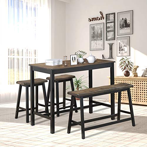COSTWAY 4-Piece Solid Wood Dining Table Set, Counter Height Dining Furniture with One Bench and Two Saddle Stools, Industrial Style, Ideal for Home, Kitchen, Living Room (Gray & Brown)