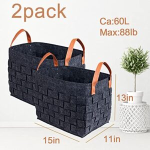 2 Pack Blanket Basket, BOLDMONKEY 15"x13"x11" XXXLarge Felt Laundry Baskets Nursery Storage Living Room Rectangular for Toy, Clothes, Kids, Bedroom(Dark Gray)