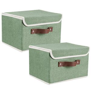 lucky monet 2 pack linen fabric foldable storage bin set collapsible storage box cube closet organizer with lid & faux leather handle, 10”x8”x7” (green)