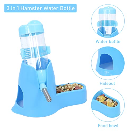 3 in 1 Hamster Hanging Water Bottle Pet Auto Dispenser with Base for Dwarf Hamster Mouse Rat Hedgehog (80ML, Blue)