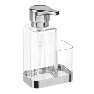 mDesign Modern Plastic Kitchen Sink Countertop Liquid Hand Soap Dispenser Pump Bottle Caddy with Storage Compartment - Holds and Stores Sponges, Scrubbers and Brushes - Clear/Chrome